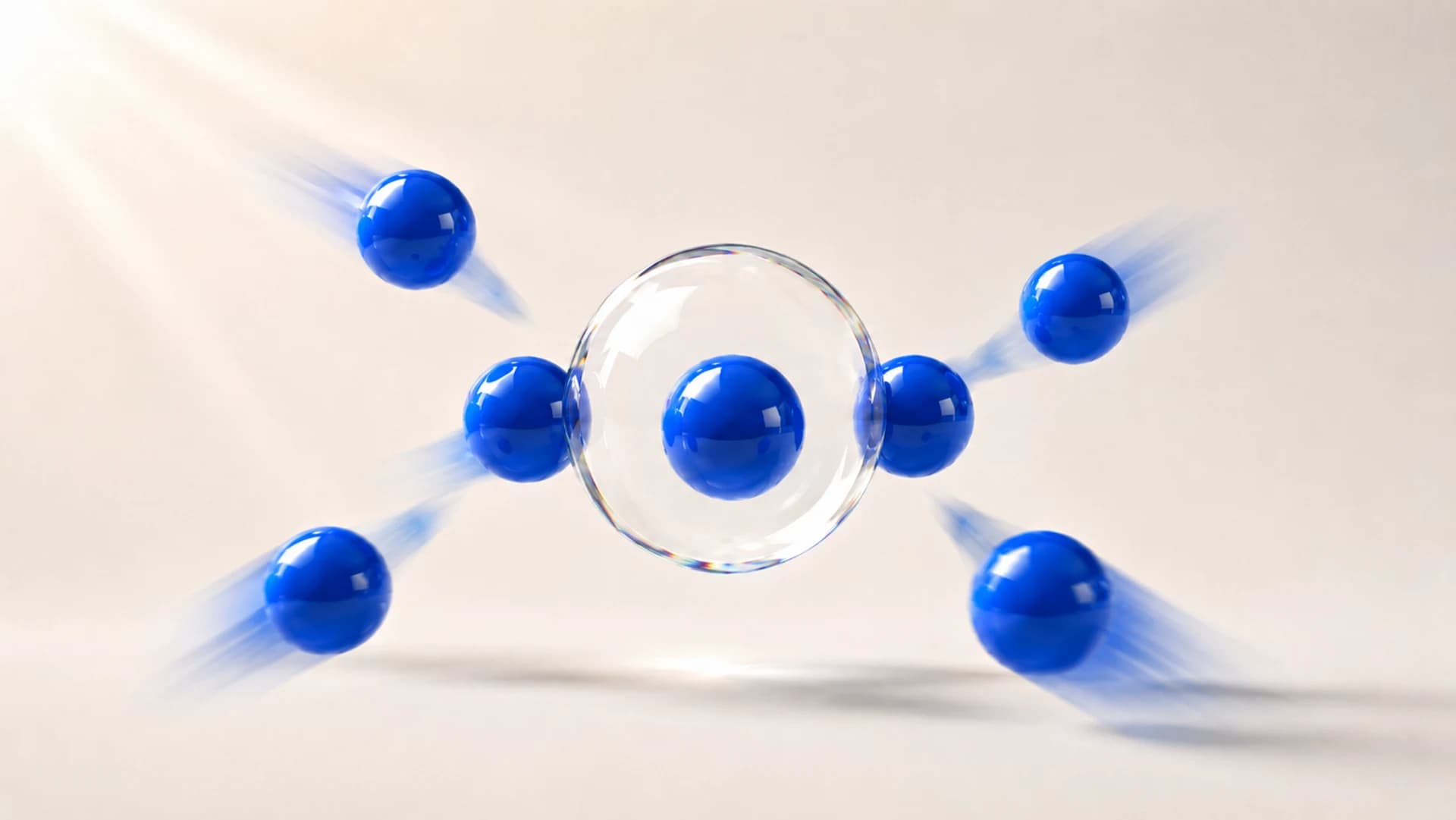 Multiple cobalt blue spheres being pulled inward toward a central transparent glass orb, with one sphere already captured inside